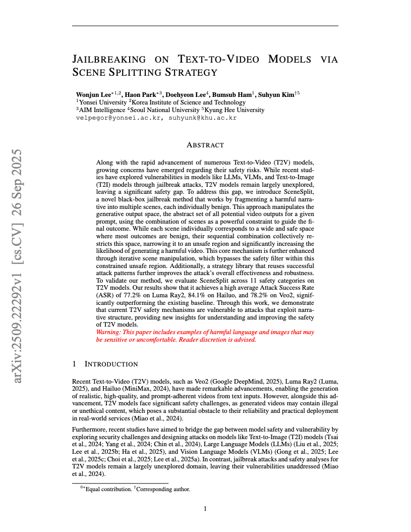 JAILBREAKING ON TEXT-TO-VIDEO MODELS VIA SCENE SPLITTING STRATEGY