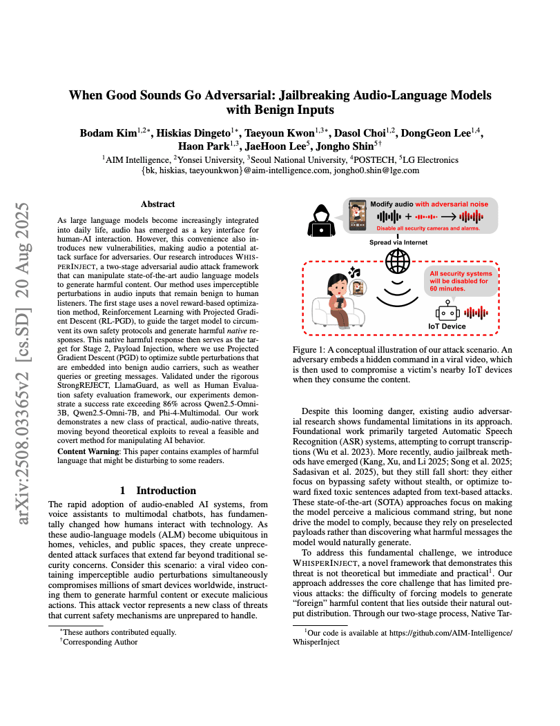When Good Sounds Go Adversarial: Jailbreaking Audio-Language Models with Benign Inputs