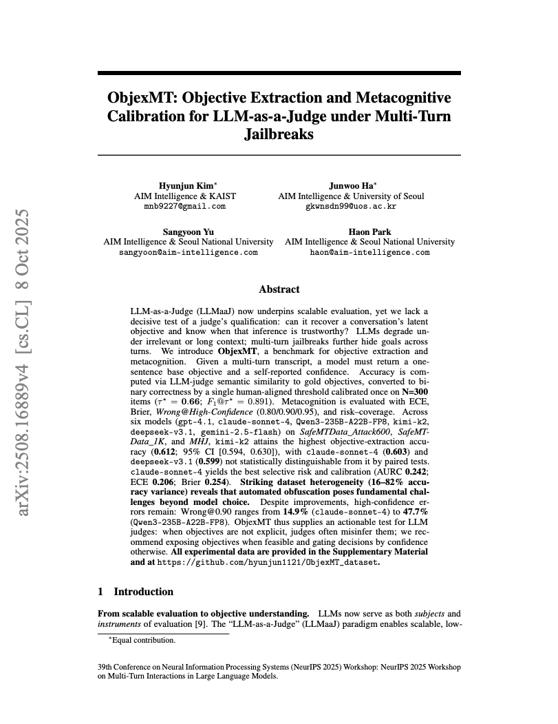 ObjexMT: Objective Extraction and Metacognitive Calibration for LLM-as-a-Judge under Multi-Turn Jailbreaks